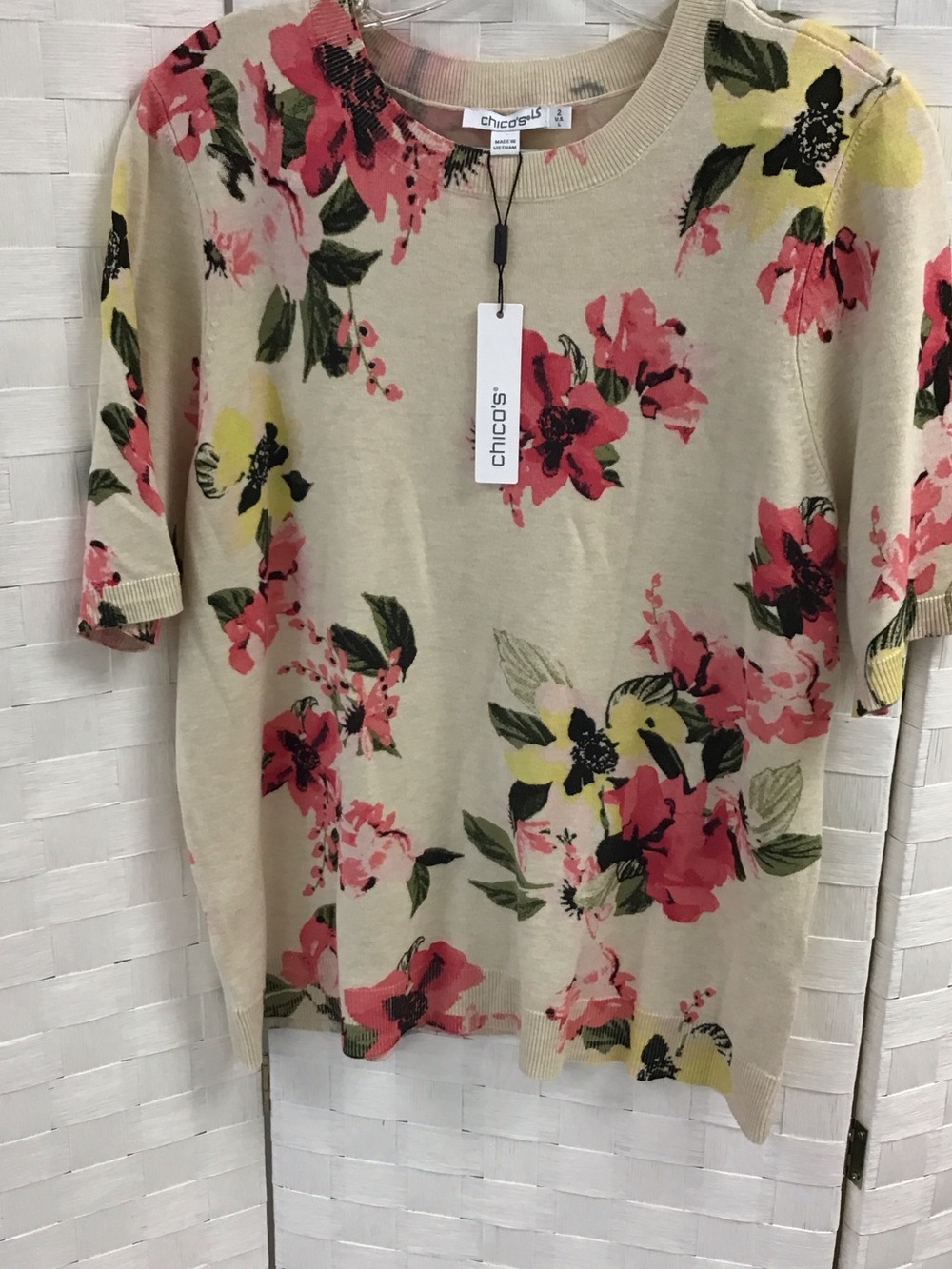 Chico's Beige Floral Short-Sleeve Knit Top with Pink & Yellow Blooms
